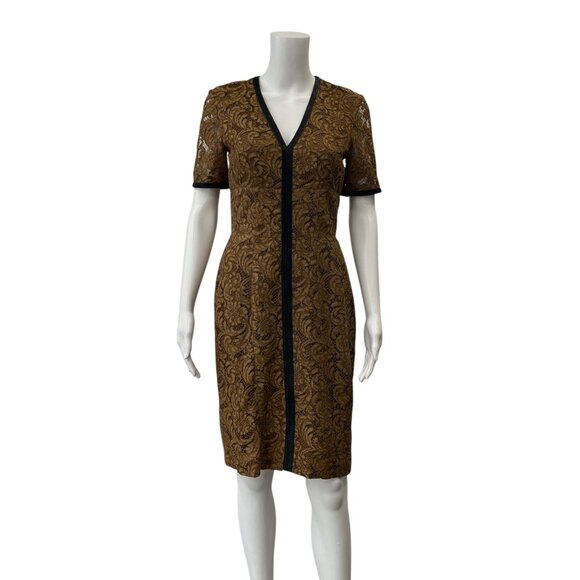 Burberry Camel Gold Lace Leather Trim Short Dress size 4/IT 38 - Picture 1 of 8
